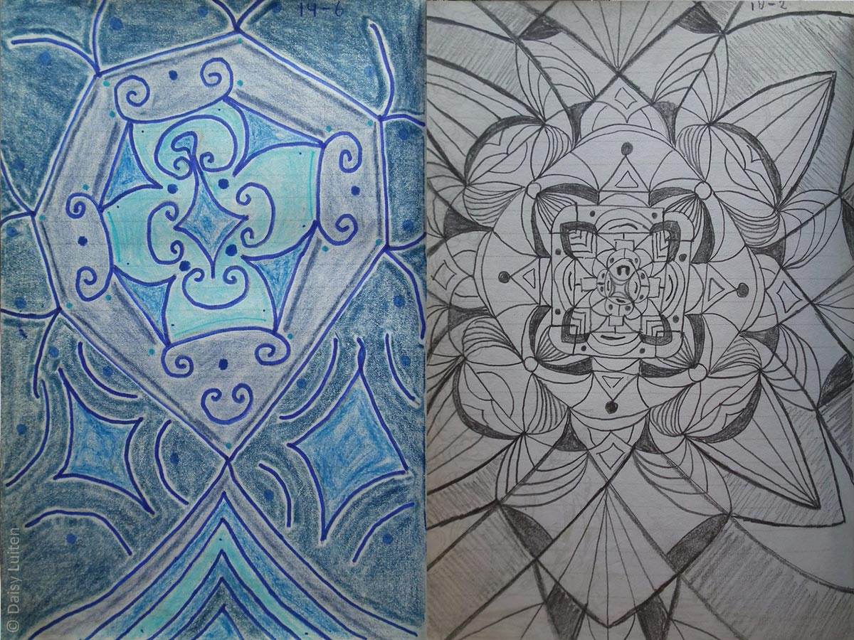 Tekeningen uit een tekenboekje van een volwassene in blauw en zwart/grijs