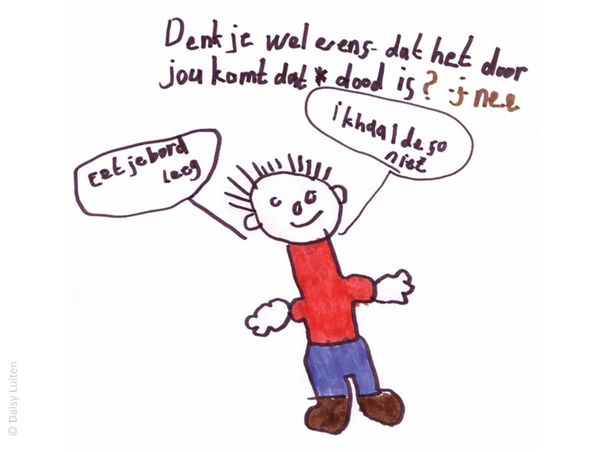 Tekening van een poppetje met een rood shirt en een blauwe broek. Bovenaan de tekening staat de vraag Denk je weleens dat het door jou komt dat * dood is? In een tekstballon staat 'ik haal de 50 niet' en 'eet je bord leeg'.